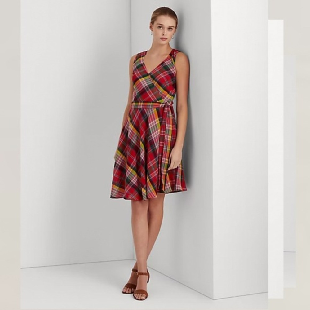 Lauren Ralph Lauren Plaid Crinkle Cotton Sleeveless Fit Flare Dress Red‎ Size 14
